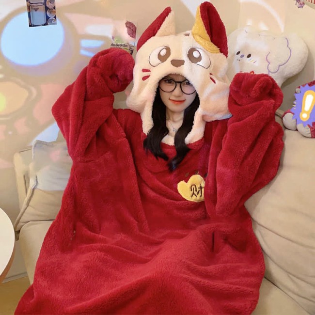【50% OFF】Funny Cartoon Lucky Cat Plush Hooded Jumpsuit Pajamas Dress