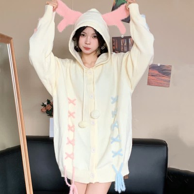 Antler Lace Up Hooded Loose Cardigan Sweater