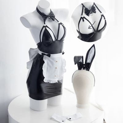 Cosplay Bunny PU Hollow Out Maid Lingeire Set