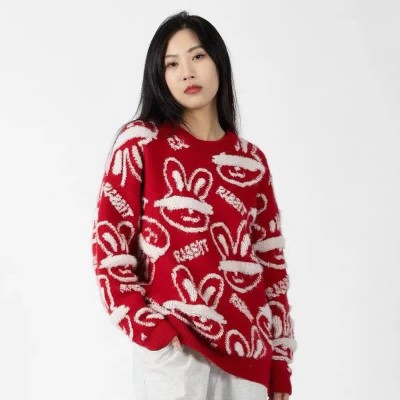 Cartoon Rabbit Letter Print Round Collar Sweater