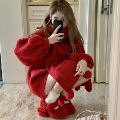 Pure Color Round Collar Knit Sweater With Scarf