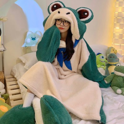【50% OFF】Funny Cartoon Frog Plush Hooded Jumpsuit Pajamas Dress