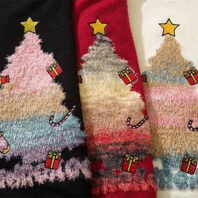 Christmas Tree Letter Print Round Collar Knit Sweater