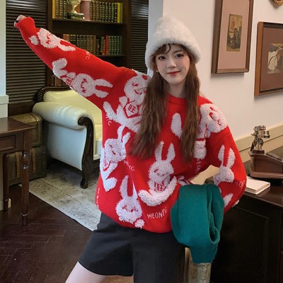 Cute Bunny Letter Print Round Collar Red Knit Sweater