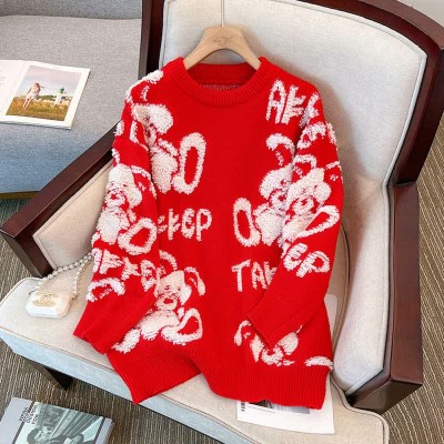 Cute Bunny Letter Print Round Collar Red Knit Sweater