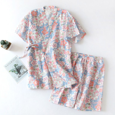 Floral Print Kimono Lace Up Pajamas Set