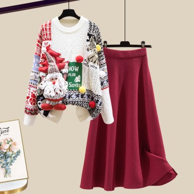 Christmas Colorblock Sweater High Waist Knit Skirt