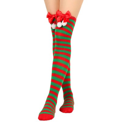 Bow Knot Fuzzy Ball Stripe Christmas Stockings Over the Knee