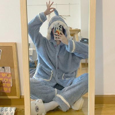 Lovely Cartoon Shark Plush Hooded Pajamas Set