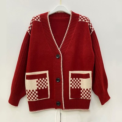 V-neck Plaid Print Colorblock Pocket Knit Sweater Cardigan