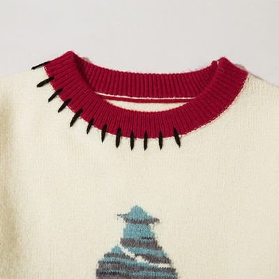 Christmas Tree Print Colorblock Round Collar Knit Sweater