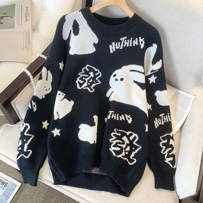 Cartoon Rabbit Letter Print Round Collar Loose Sweater