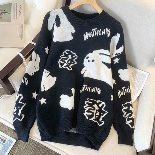 Cartoon Rabbit Letter Print Round Collar Loose Sweater
