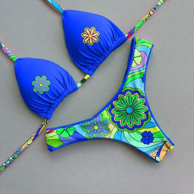 Contrast color sexy print bikini set