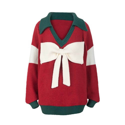 Sweet Bow Knot Colorblock Lapel Loose Sweater