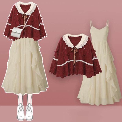 Vintage Cape Sweater Flouncing Slip Dress Two Pieces