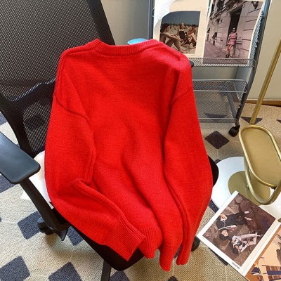 Cartoon Bunny Print Round Collar Red Knit Sweater