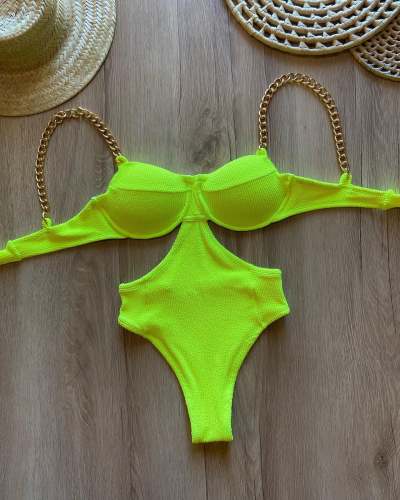 Fashion Sexy Chain Solid Color Strapless One-Piece Bikini