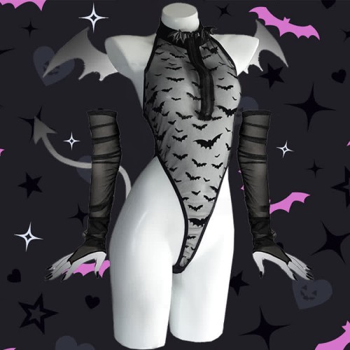 Little Devil Bat Print Mesh Jumpsuit Lingerie