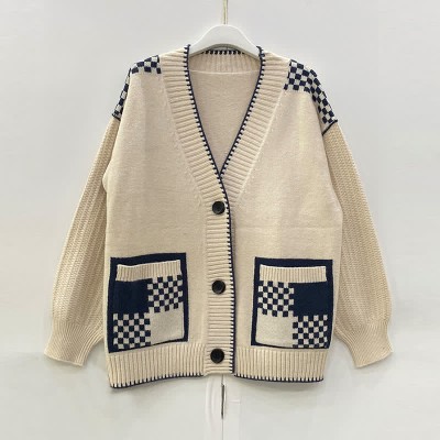 V-neck Plaid Print Colorblock Pocket Knit Sweater Cardigan
