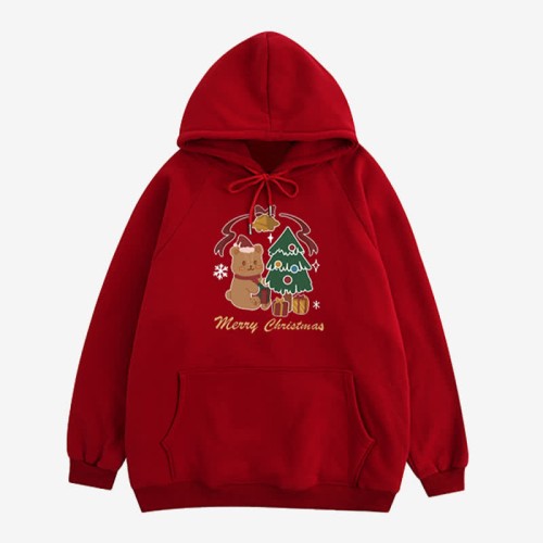Cartoon Christmas Tree Bear Print Plush Hoodie