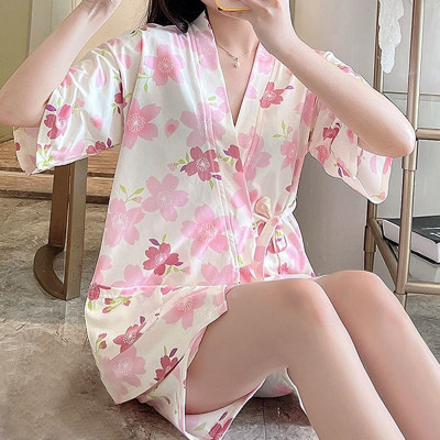 Floral Print Kimono Lace Up Pajamas Set