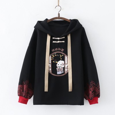 Cartoon Rabbit Embroidery Vintage Buckle Plush Hoodie