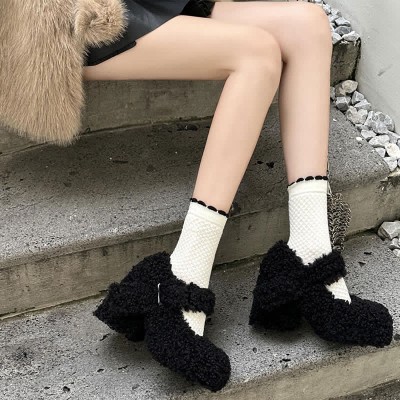 Round Toe Chunky Plush Mary Janes Shoes