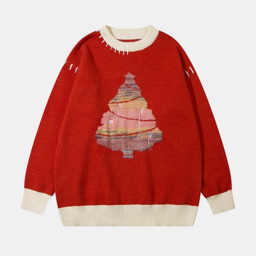 Christmas Tree Print Colorblock Round Collar Knit Sweater