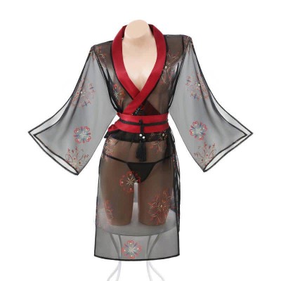 Vintage Print See Through Sexy Kimono Lingerie Set