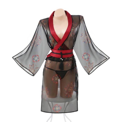 Vintage Print See Through Sexy Kimono Lingerie Set