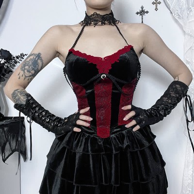 Gothic Halter Corset Top Lace Stitching Tiered Skirt