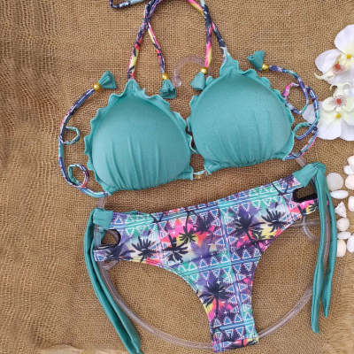 Fashionable coconut print sexy suspender bikini