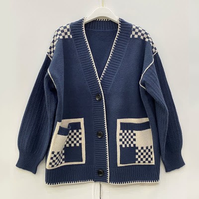 V-neck Plaid Print Colorblock Pocket Knit Sweater Cardigan