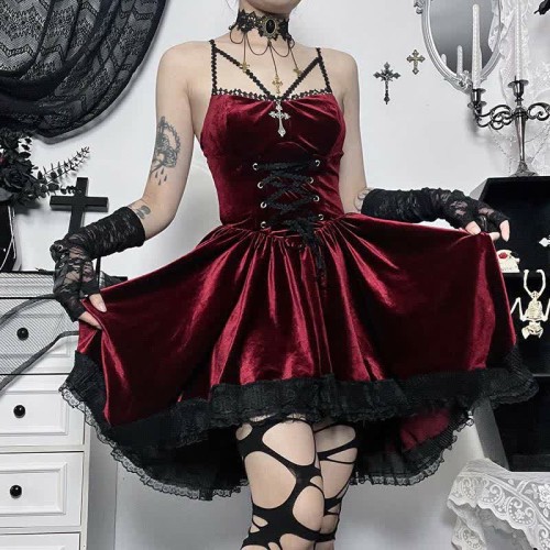 Gothic Lace Up A-line Slip Dress