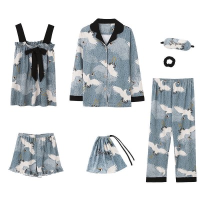 Crane Print Silk Pajamas Seven Pieces Set