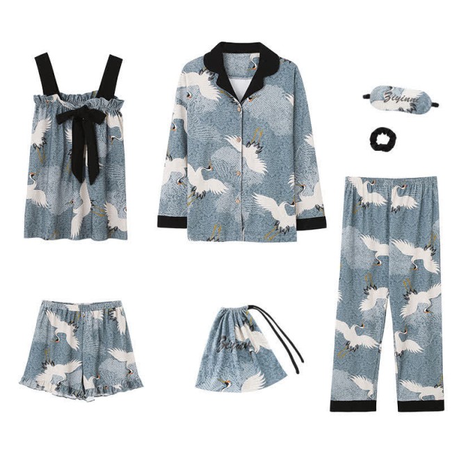 Crane Print Silk Pajamas Seven Pieces Set