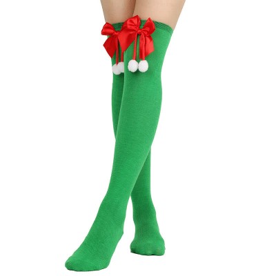 Bow Knot Fuzzy Ball Stripe Christmas Stockings Over the Knee