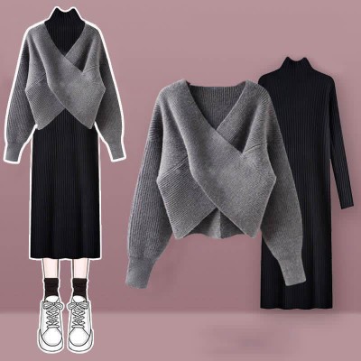 Pure Color Cross Knit Sweater Dress Two Pieces Set