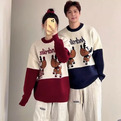 Deer Letter Print Colorblock Round Collar Knit Sweater