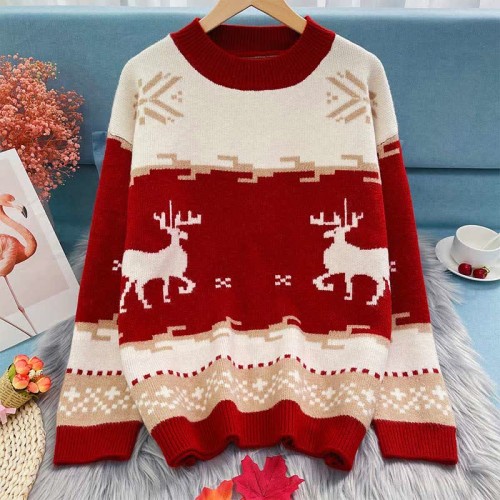 Christmas Reindeer Pattern Colorblock Round Collar Sweater