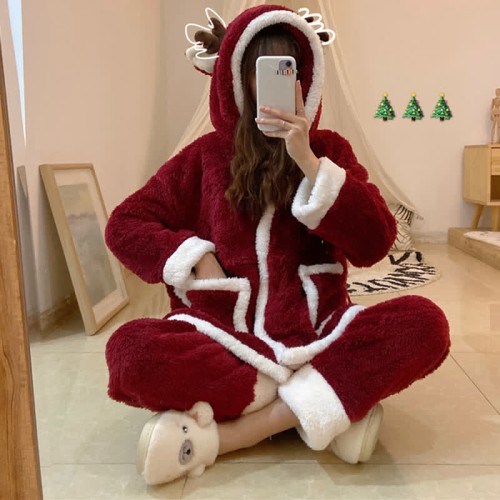 Christmas Deer Antler Pocketed Plush Pajamas Set
