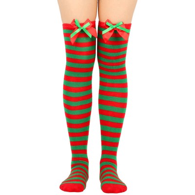 Bow Knot Fuzzy Ball Stripe Christmas Stockings Over the Knee