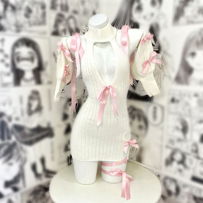 Knit Lace Up Hollow Out Halter Lingerie Dress