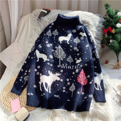 Christmas Reindeer Snowflake Print High Collar Sweater