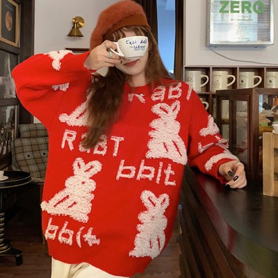 Cute Bunny Letter Print Round Collar Red Knit Sweater