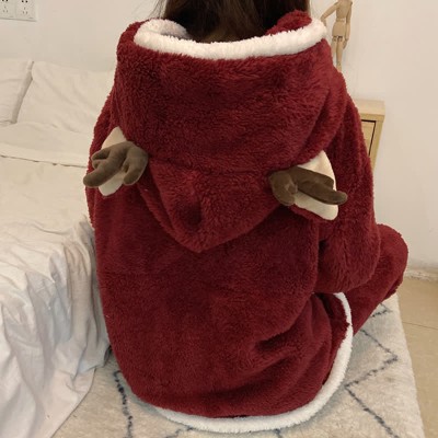 Christmas Deer Antler Pocketed Plush Pajamas Set