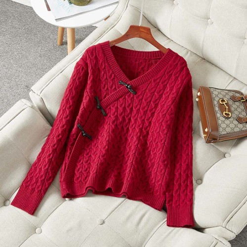 Vintage V-neck Cross Button Textured Sweater