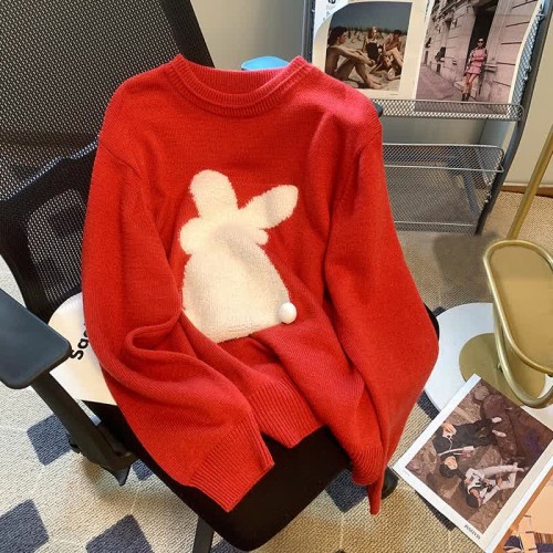 Cartoon Bunny Print Round Collar Red Knit Sweater
