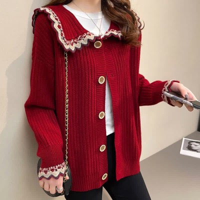 Doll Collar Pure Color Knit Sweater Cardigan